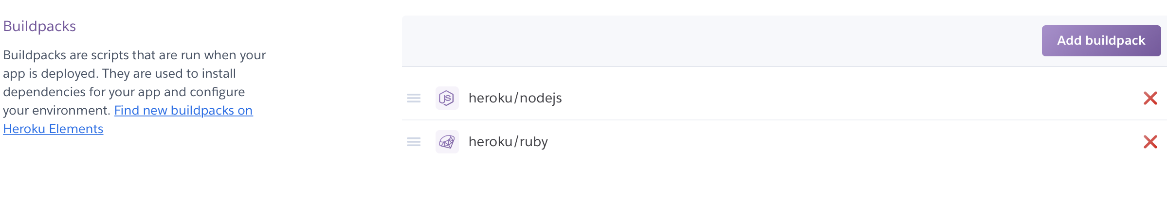 Node.js build pack on Heroku dashboard